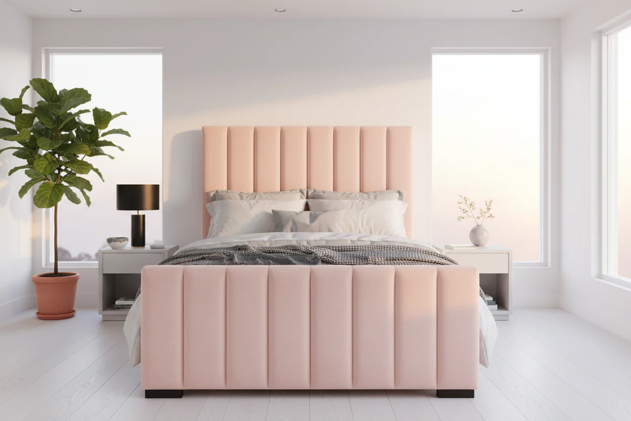 Blush Velvet Channel-Tufted Platform Bed - Image 10