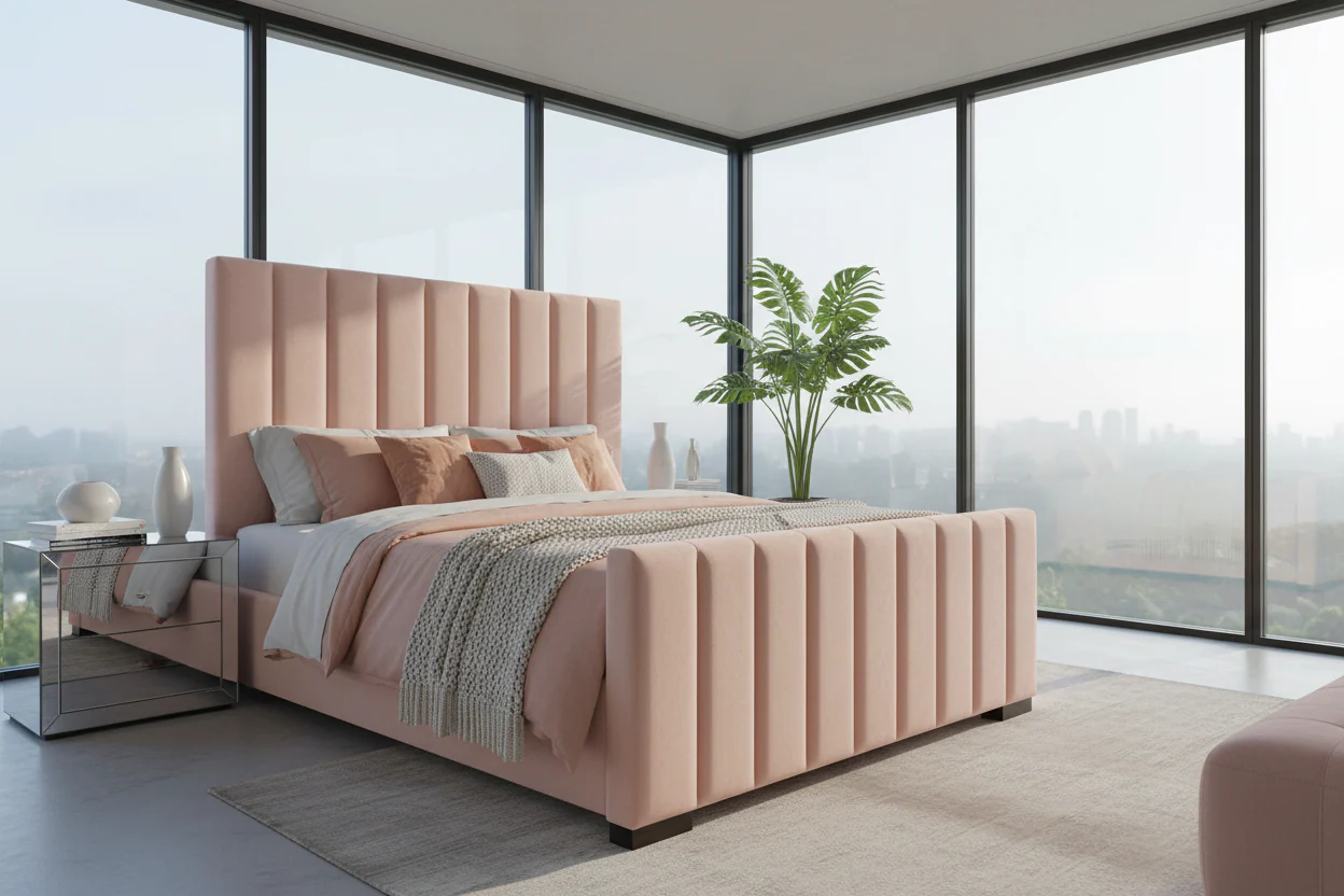 Blush Velvet Channel-Tufted Platform Bed - Image 11