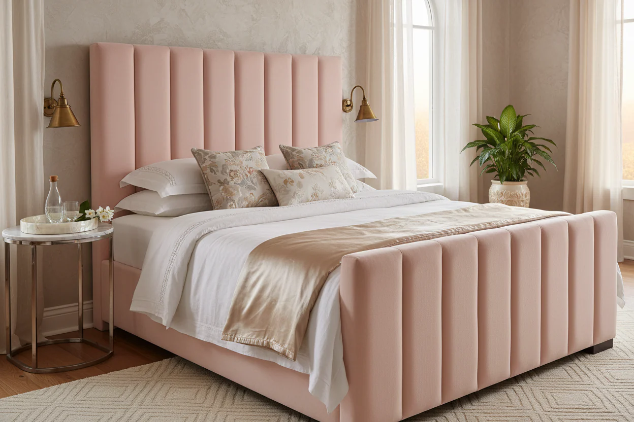 Blush Velvet Channel-Tufted Platform Bed - Image 2