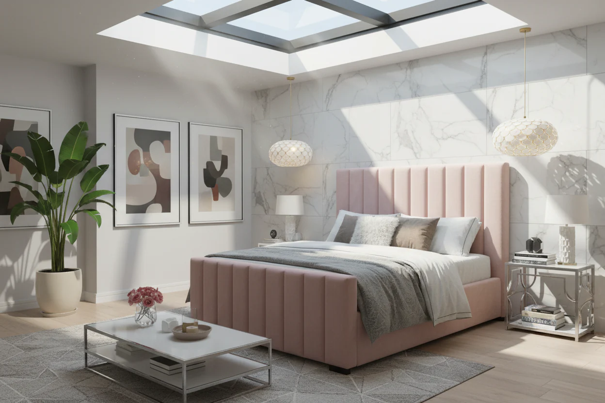 Blush Velvet Channel-Tufted Platform Bed - Image 4
