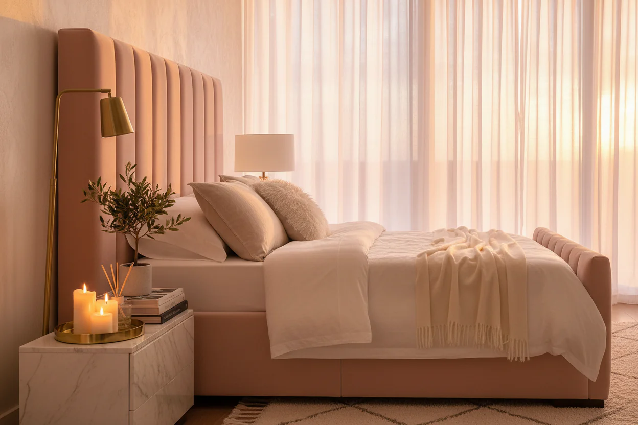 Blush Velvet Channel-Tufted Platform Bed - Image 6