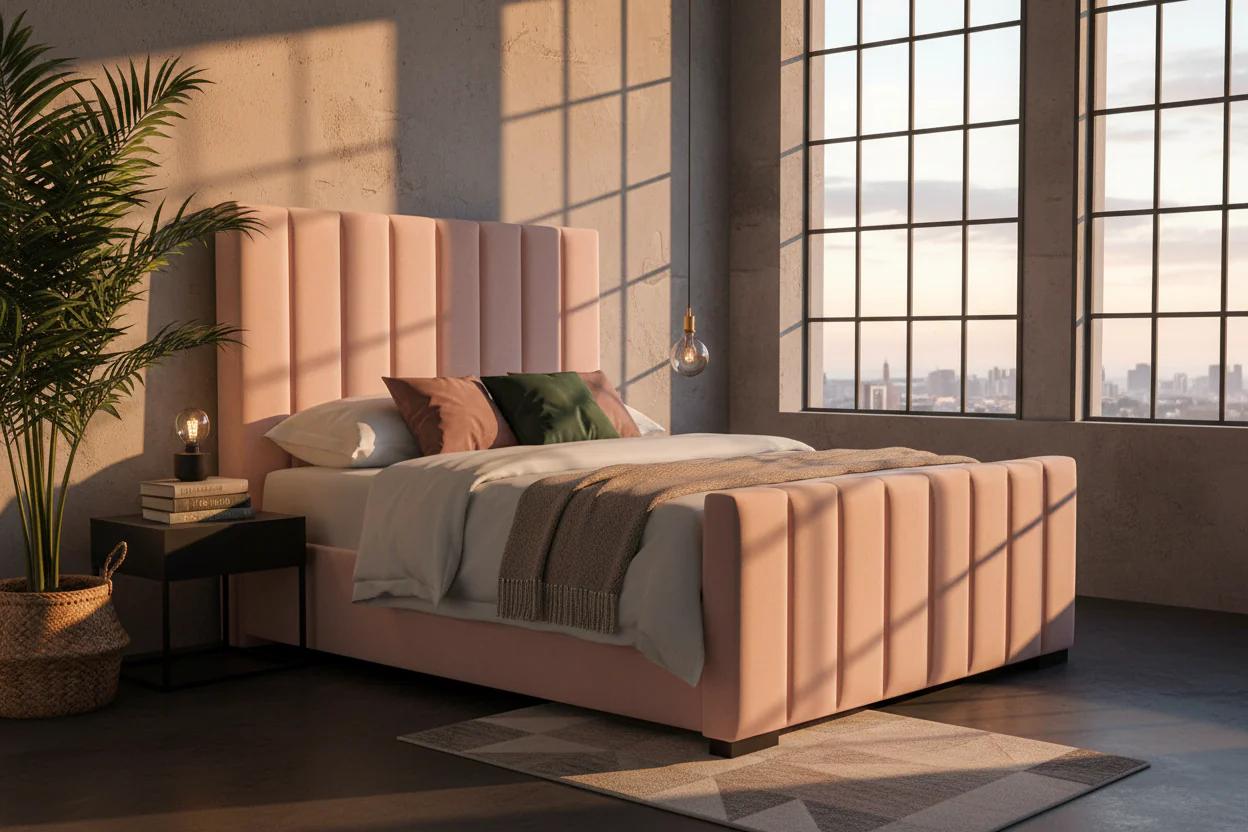 Blush Velvet Channel-Tufted Platform Bed - Image 9