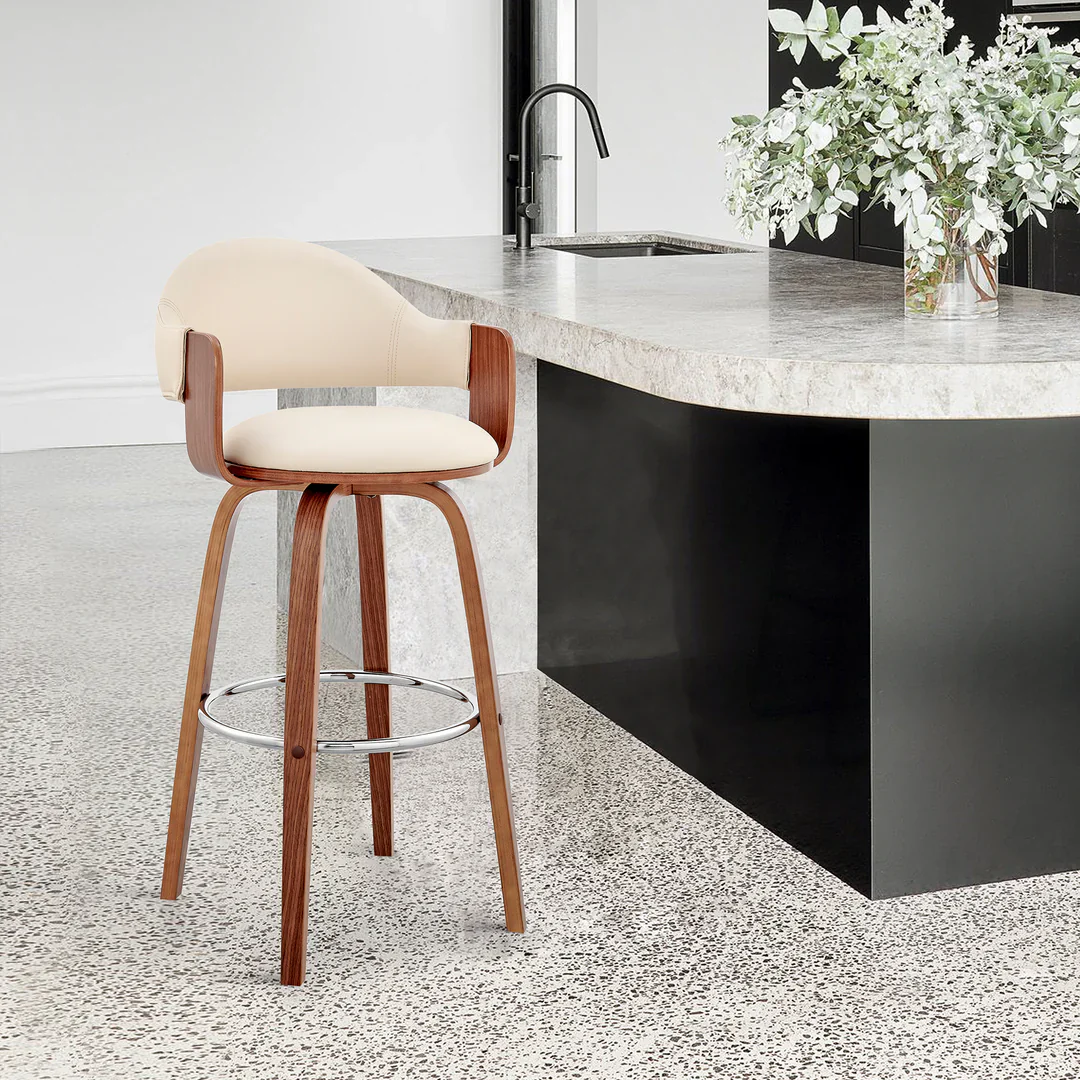 Mid-Century Modern Swivel Bar Stool with Curved Wood Frame - Image 7