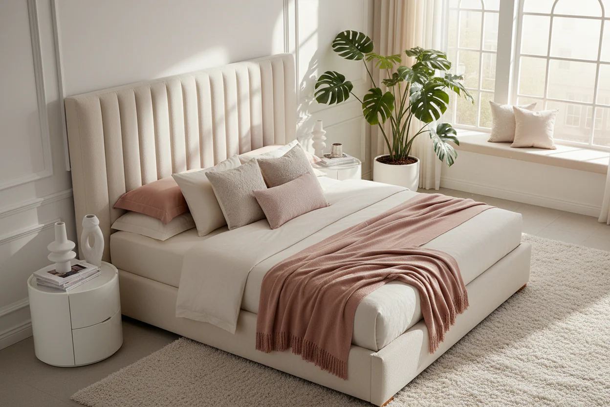 Modern Bouclé Upholstered Bed - Image 9
