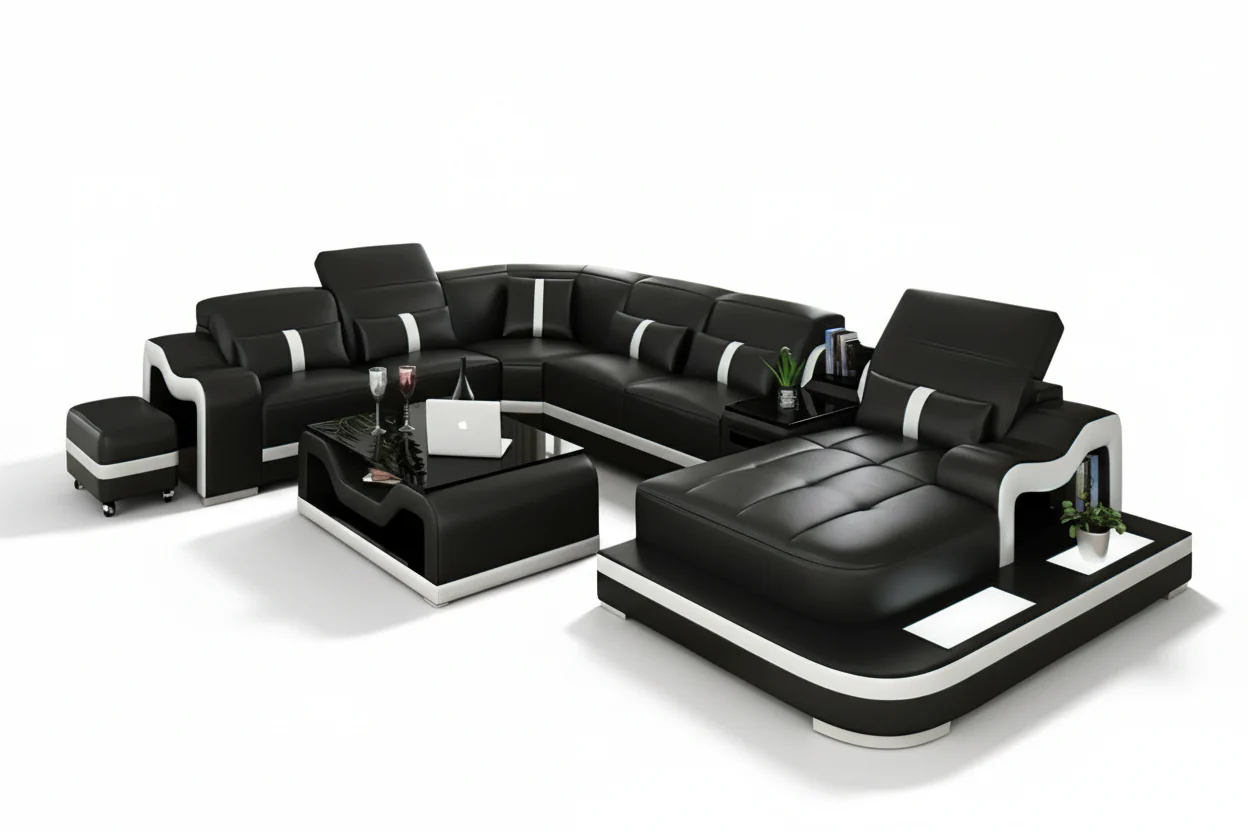 Shay Large Leather Sectional with Side Table